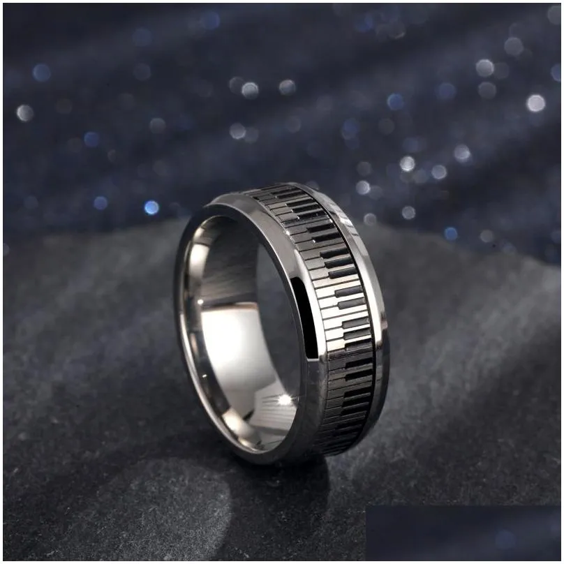 Men Music Piano Keyboard Ring Stainless Steel Rotatable Spinner Rings For Man Boyfriend Gifts Silver Tone Rings