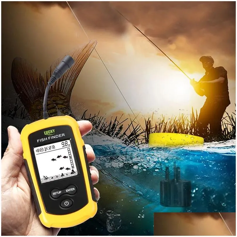 Finders LUCKY FF11081 Portable Fish Finder 100m Depth Wired Sonar Sounder Alarm 2 Inch AntiUV LCD Monochrome Display Fishing Detector