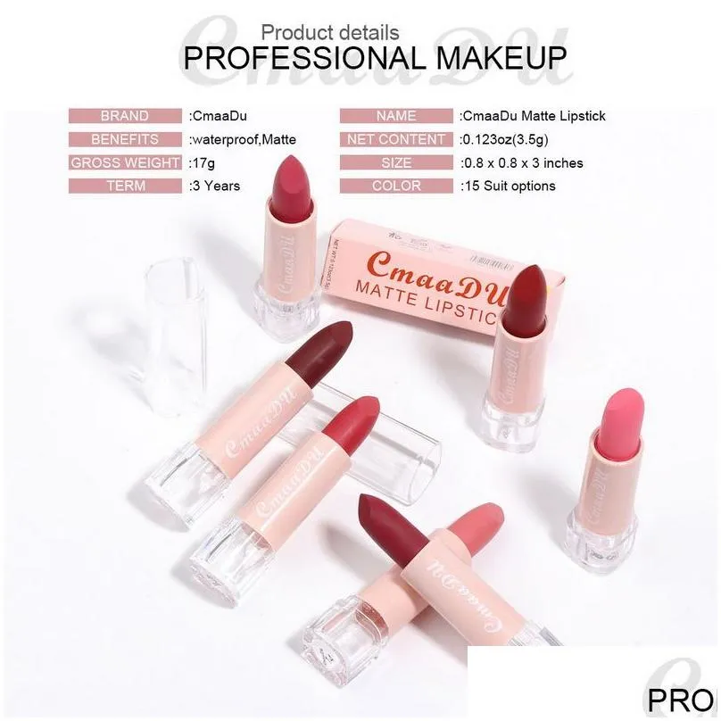 Lipstick Cmaadu Matte 15 Colors Options Water-Resistant Moisturizer Natural Makeup Wholesale Lip Drop Delivery Health Beauty Lips Dhmid