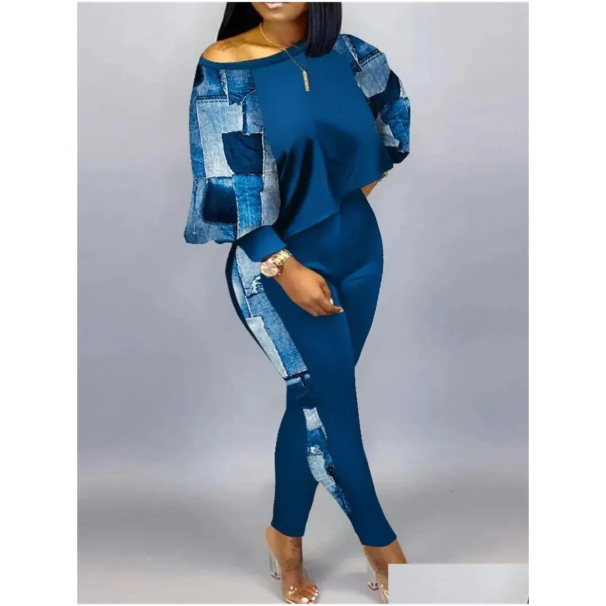 lw Plus Size Lantern Sleeve Gradient Print Skinny Pants Set New In Women Spring Summer High Elasticity 2PC Tracksuits Outfits w2J7#