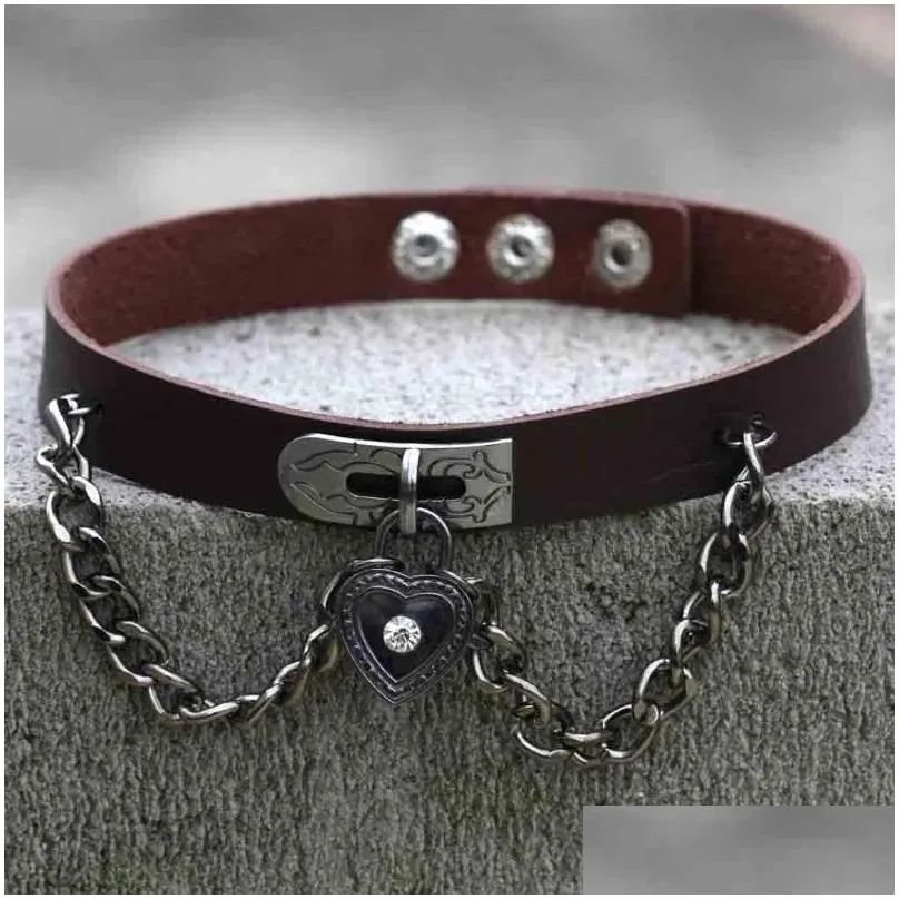 Chokers Choker Leather Collar For Women Goth Punk Chain Sier Color Heart Pendant Harajuku Y Vegan Bondage Festival Jewelry Drop Delive Dhdqr