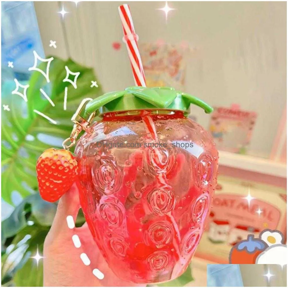 500ml kawaii strawberry water bottle cute strawberry straw water bottle pp milk coffee straw cup juice drinkware christmas gift