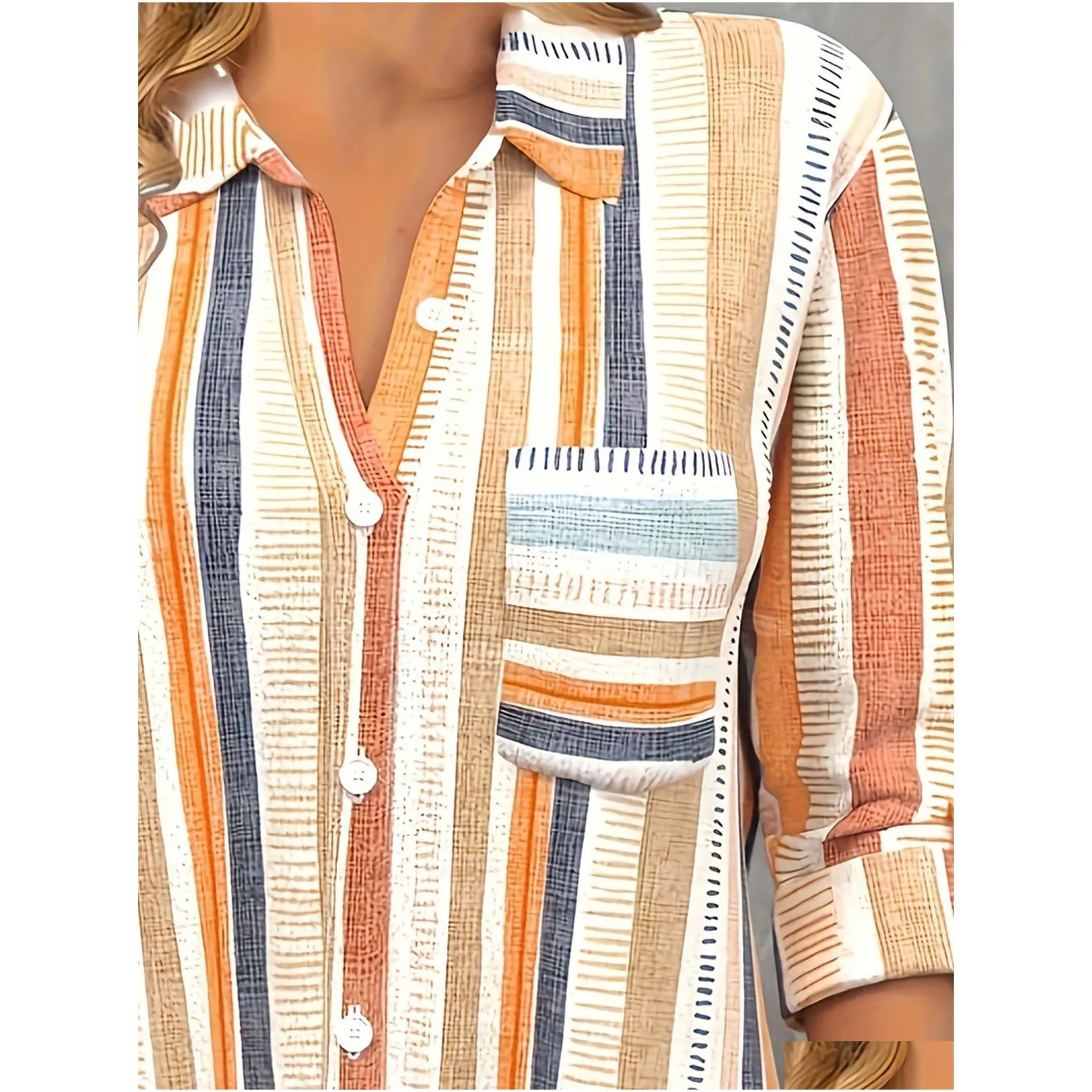 plus Size Casual Blouse, Women`s Plus Stripe Print Butt Up Lg Sleeve Turn Down Collar Blouse V0Z8#