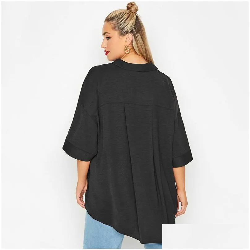 plus Size V-neck Spring Autumn Elegant Hi Low Blouse Women Loose 3/4 Sleeve Black Tunic Tops Large Size Blouse And Tops Shirt 6X e3pn#