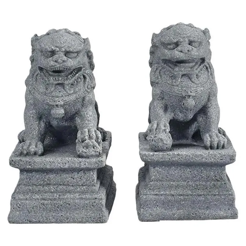 Decorative Objects & Figurines Statue Foo Shui Feng Figurine Miniature Stone Dogs Scpture Decoration Guardian Chinese Prosperity Decor Dhmrb