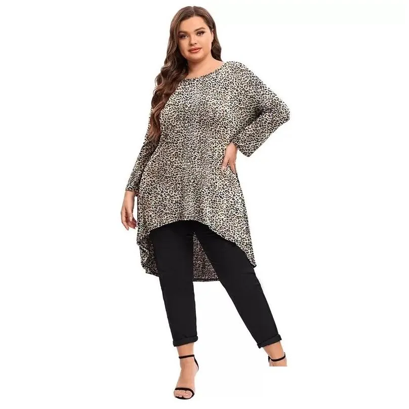 plus Size Lg Sleeve Leopard Print Casual Hi Low Tunic Women Lg Fit Flare Loose Swing Blouse And Tops Large Size T Shirt 5XL V2Am#