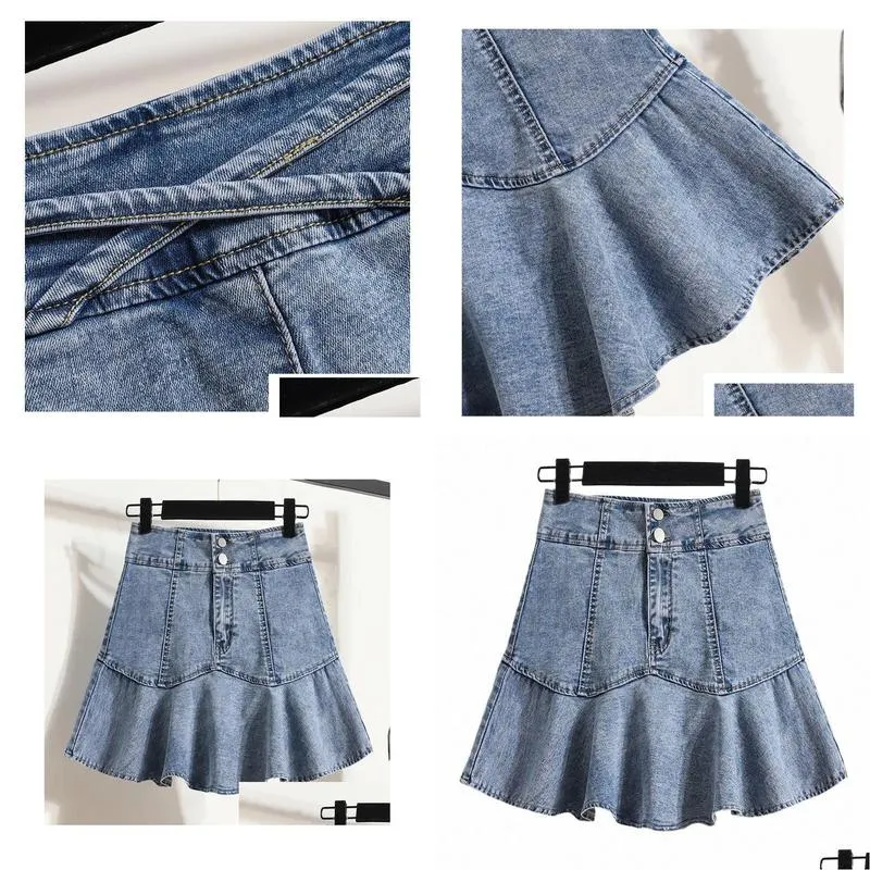 plus Size L-5XL Y2K Denim A Line Skirt For Women High Waist Fi Summer Pleated Jean Skirts Female Vintage Korea Clothing Z5iD#