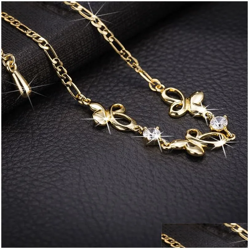 Anti-allergic Real 18K Yellow Gold Plate Clear CZ Butterfly Anklets for Girls Women for Wedding Party Nice Gift