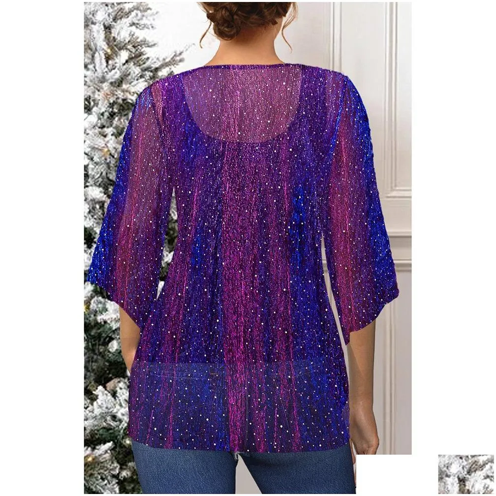 plus Size Christmas Purple Sparkly Glitter Fabric Kimo Two Pieces Blouse V6bo#