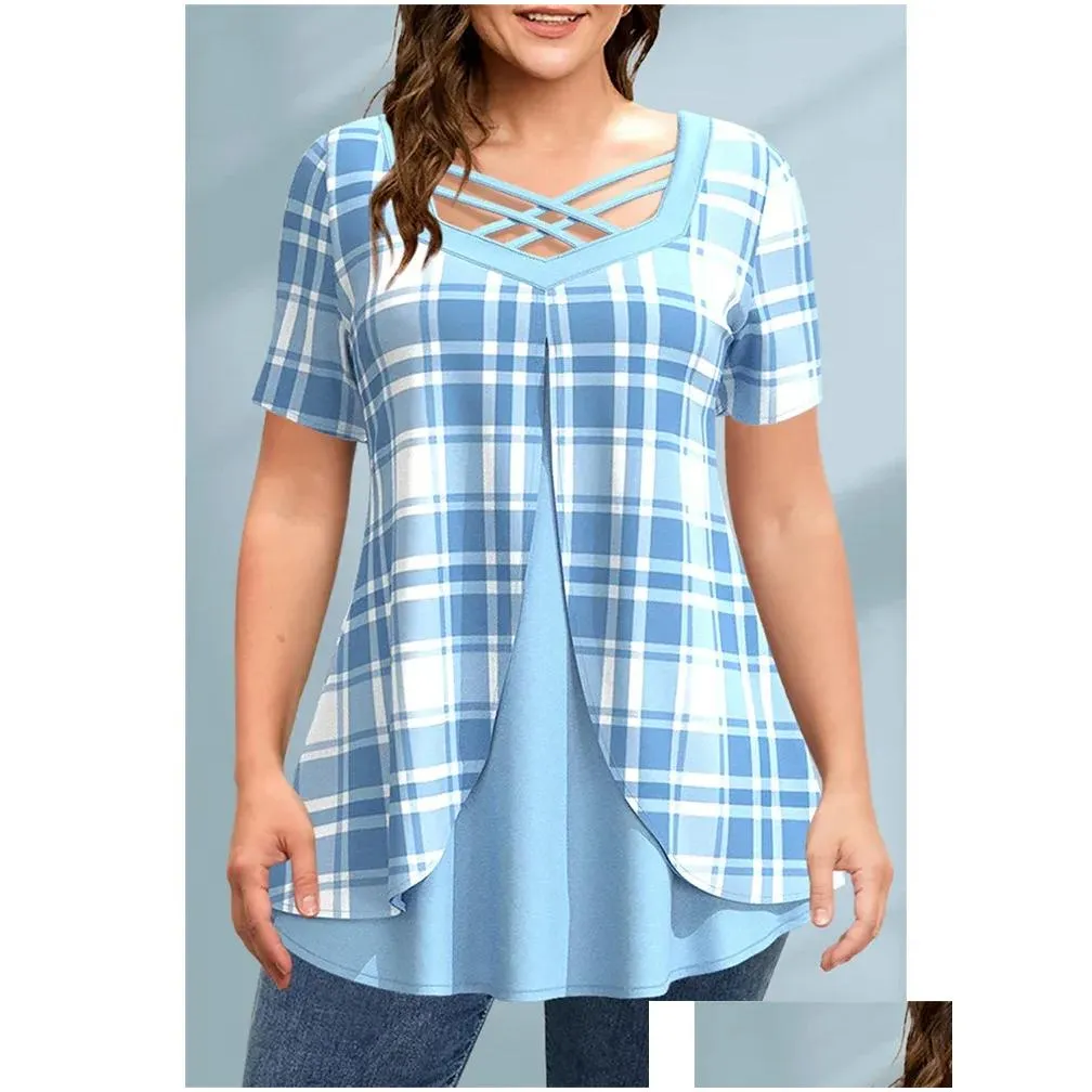 plus Size Loose Women`s T-shirt Summer Short Sleeve Casual Plaid Print Lace-Up Fake Two Piece Blouse Oversized Ladies Clothing w7uW#