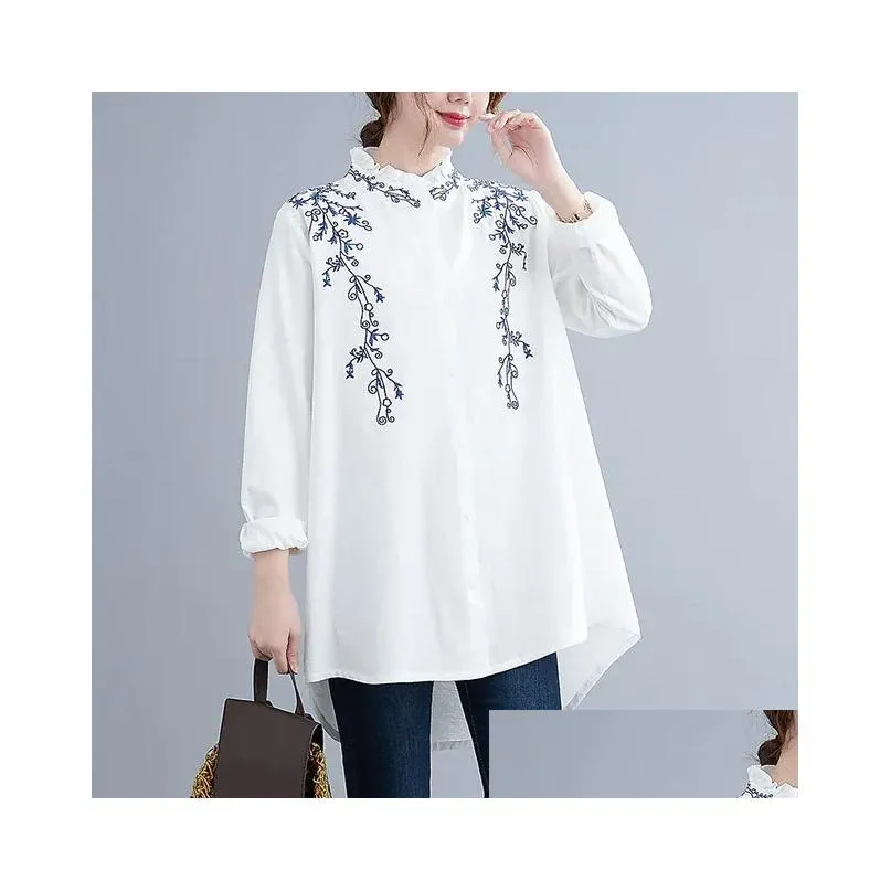 150kg Plus Size Spring Summer Embroidered Lotus Leaf Collar Frt Short Back Lg Shirt Bust 150cm 5XL 6XL 7XL 8XL 9XL 3 Colors u74D#