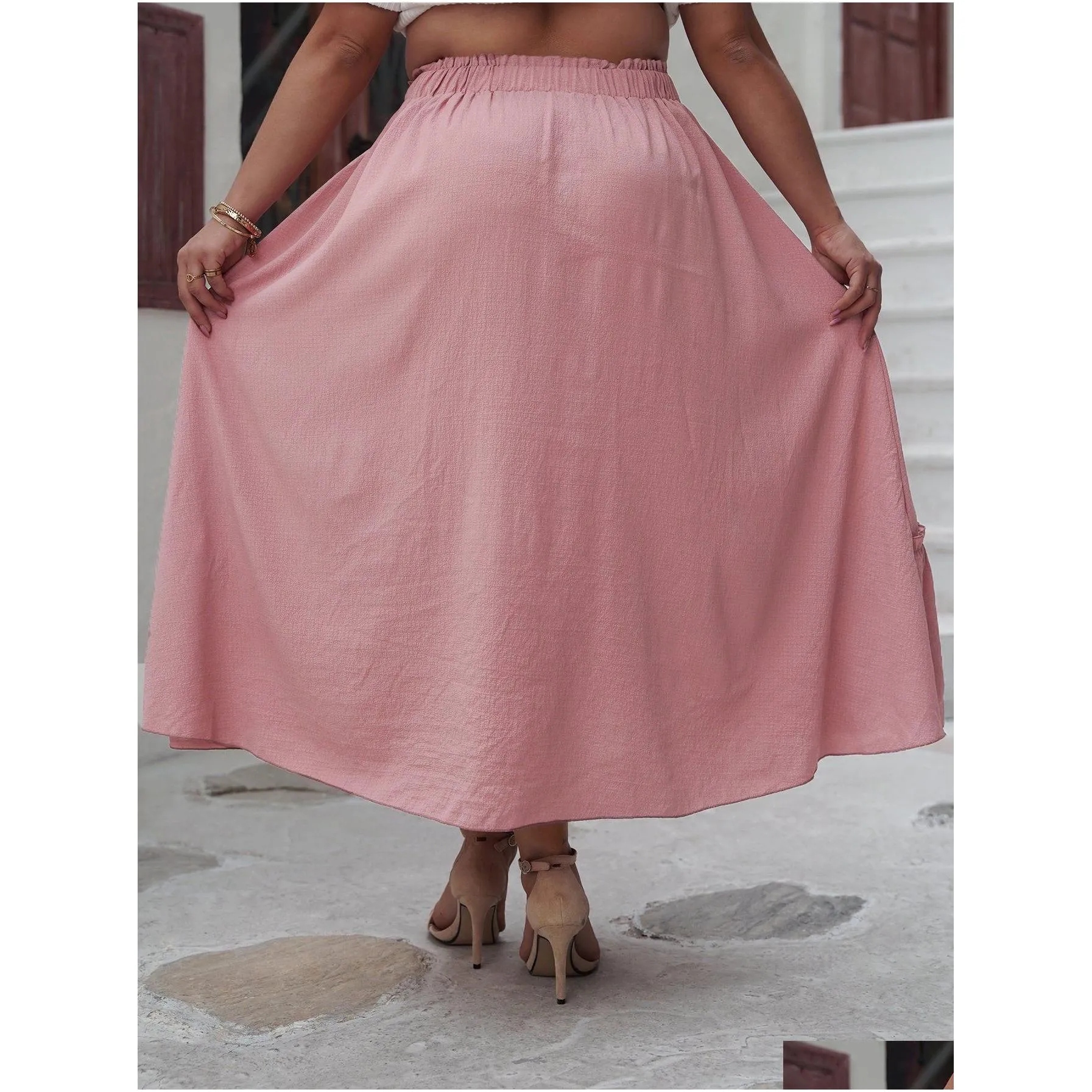 2024 New Spring Summer Plus Size Women Clothing Casual Ruffle Skirts Refreshing Pink Elastic Waisted A Line Skirt B2SP#