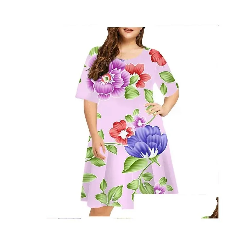 6xl Large Size Dres Summer Plant Frs Print Women Plus Size Dr Short Sleeve Casual O-Neck Mini Sundr Ladies Vestidos M3rL#