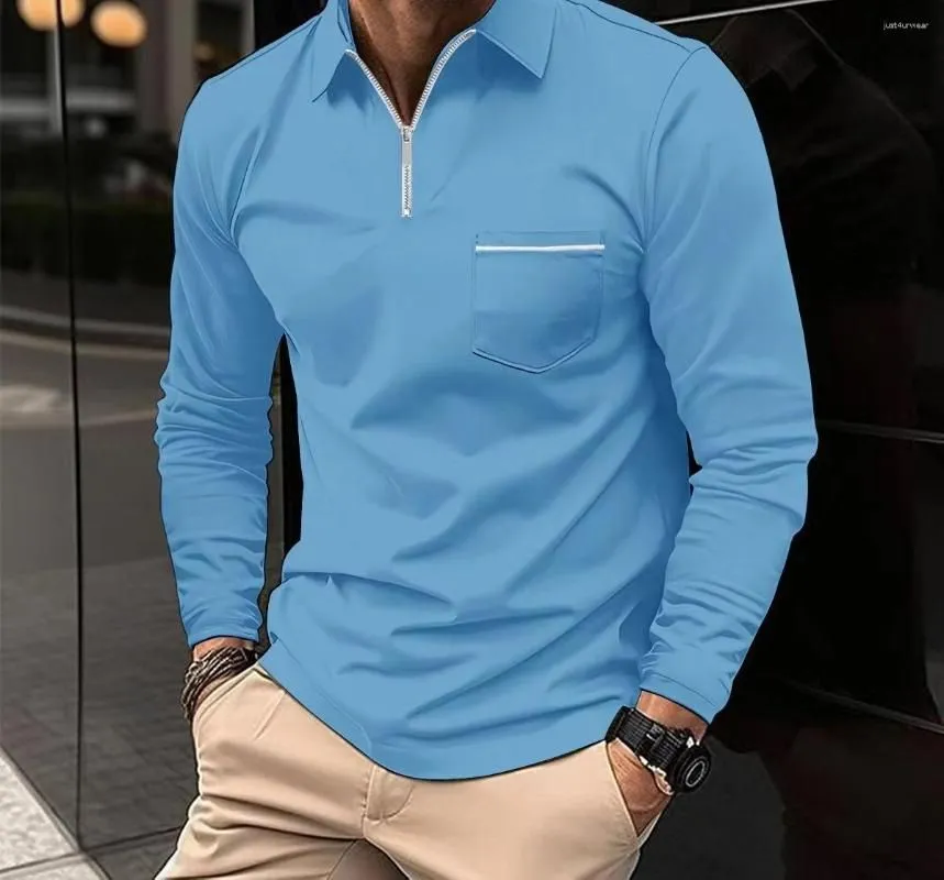 Polo T-shirts for Men Fashion Versatile Casual Solid Color Zip Pocket Long Sleeved Sports Loose Fitting Shirt Autumn