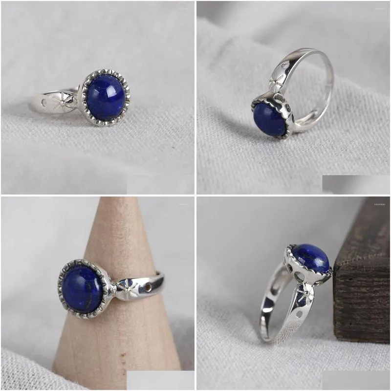 Cluster Rings FNJ 925 Silver Round Lapis Ring For Women Jewelry Original Pure S925 Sterling Natural Blue Stone