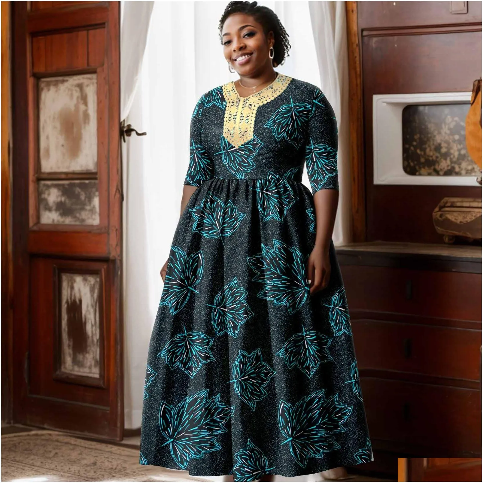 african Women`s Plus Size Dr Ankara Loose Chest Hot Patch Embroidery Embellished Dr A2325056 o42z#