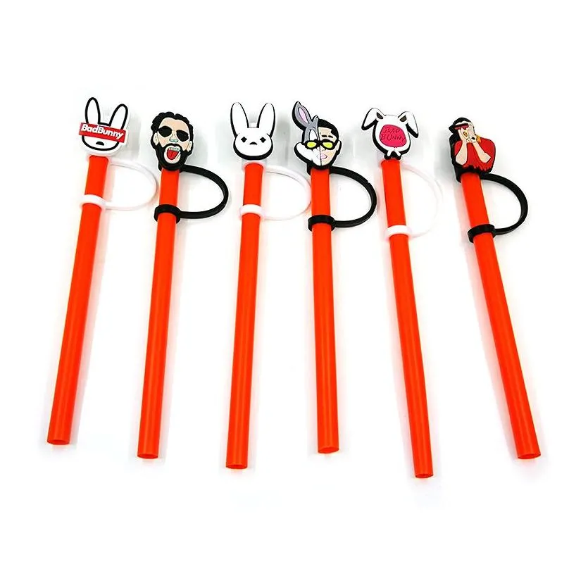 10pcs/set bad bunny straw toppers cover molds silicone charms for tumbers reusable splash proof drinking dust plug decorative 8mm straw