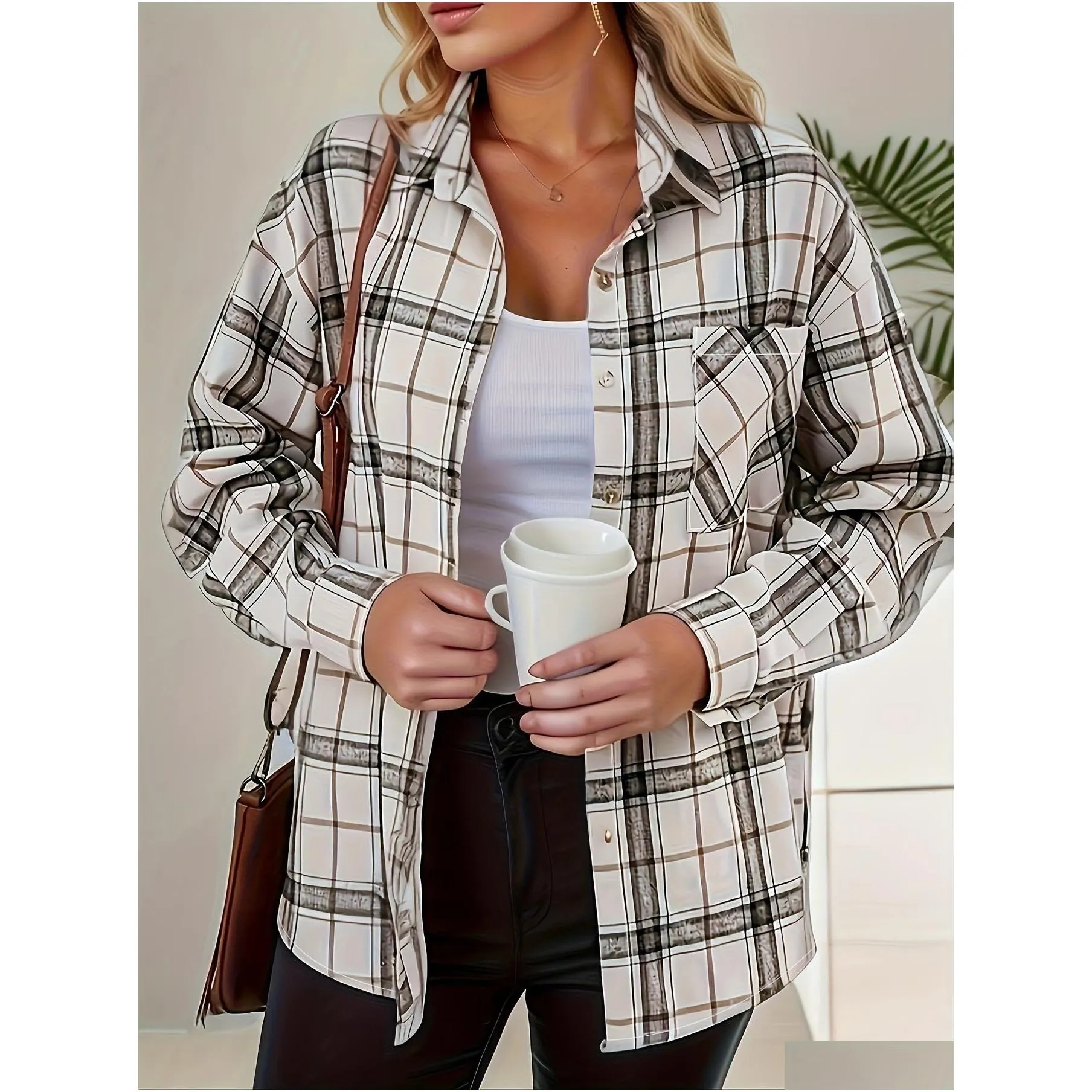 plus Size Women`s Plaid Patched Casual Lg Sleeve Shirt O0FT#