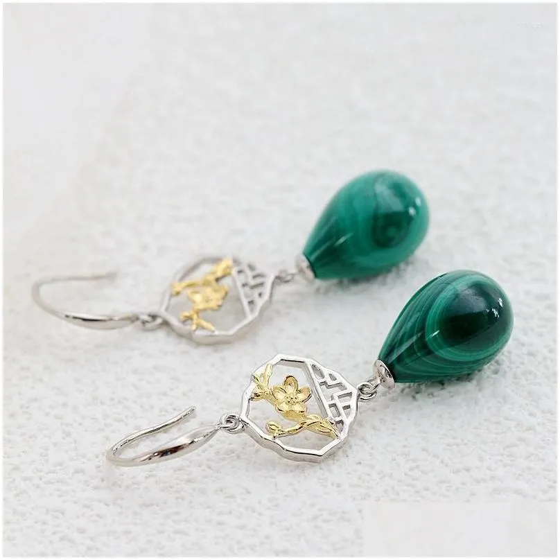 Dangle Earrings Authentic 925 Sterling Silver Earring Ethnic Retro Inlaid Natural Malachite Water Droplet Earing Lady Trendy Style