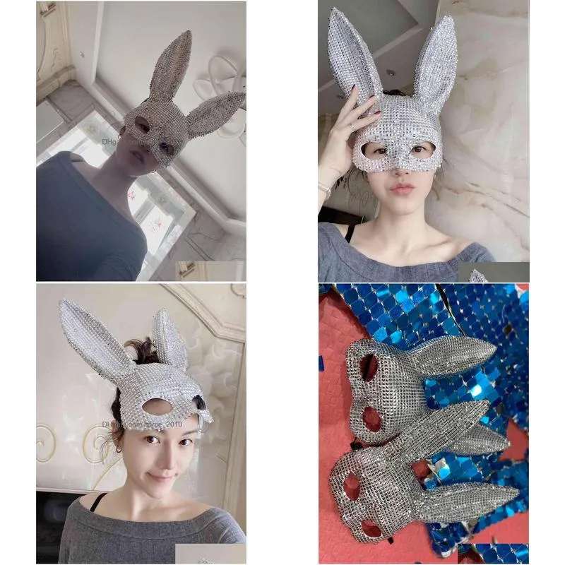 silver rivet mask rabbit ears gogo female party girl stage masks