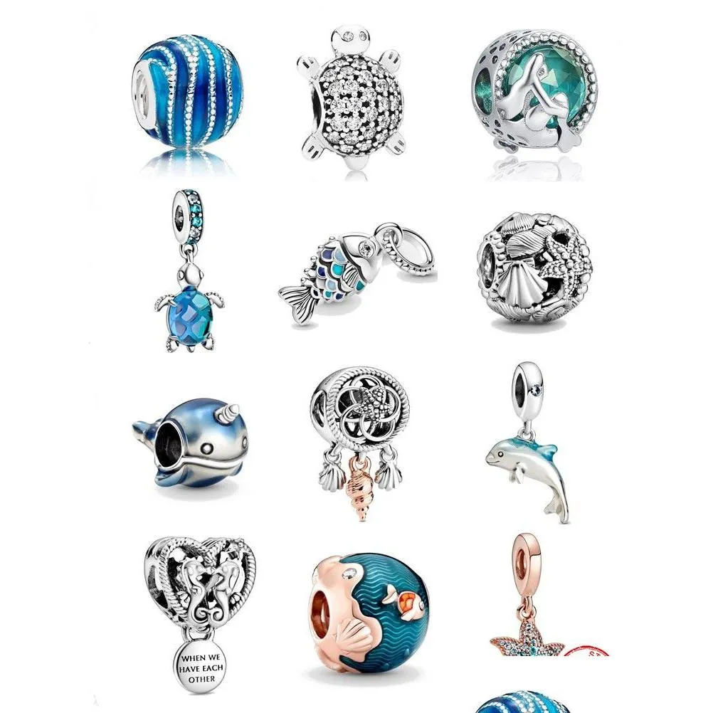 925 Silver Fit Charm 925 Bracelet Blue Ocean Bead Sparkling Turtle Pendant Love charms set Pendant DIY Fine Beads Jewelry