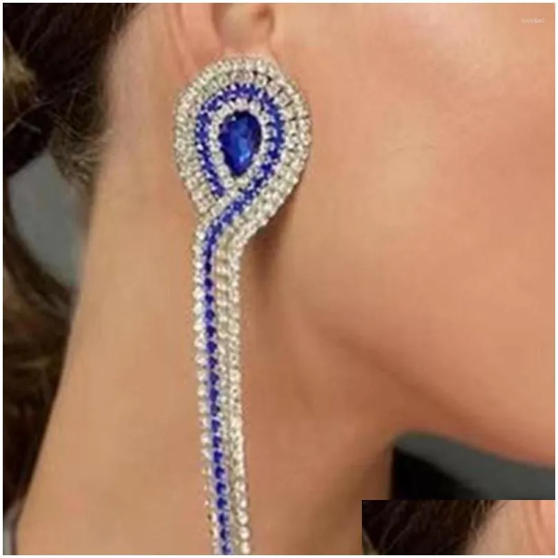 Dangle Earrings Shiny Blue Water Drop Rhinestone Tassel Chain Wedding Jewelry For Women Luxury Crystal Long Gift