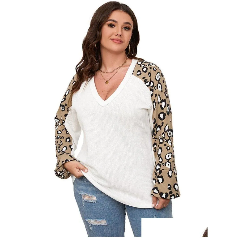 plus Size Autumn Winter V-Neck Tops Women Leopard Print Patchwork Lg Sleeve Modis Ladies Blouses Casual Loose Woman Tops 2023 E4te#