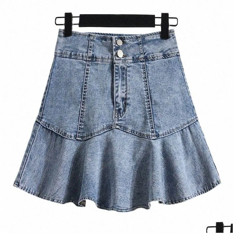 plus Size L-5XL Y2K Denim A Line Skirt For Women High Waist Fi Summer Pleated Jean Skirts Female Vintage Korea Clothing Z5iD#