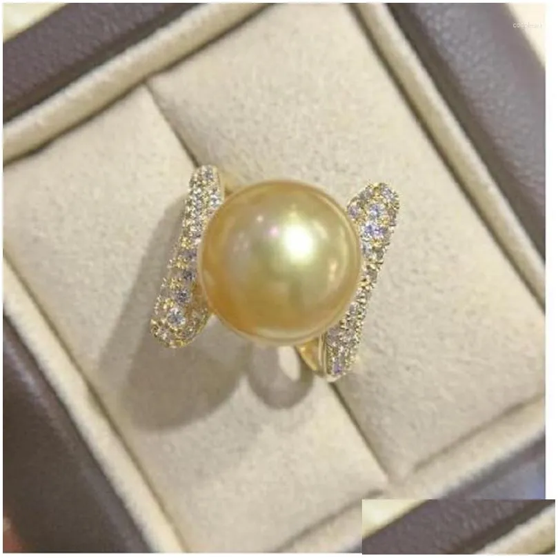 Cluster Rings Gorgeous HUGE 11-10mm ROUND Natural South Sea Golden Pearl Ring 925S...