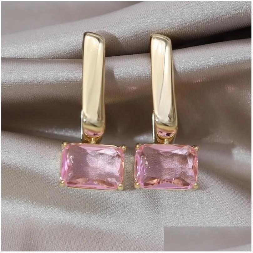 Dangle Earrings South Korea Design Fashion Jewelry 14K Gold Plated Square Pendant Glass Elegant Women`s Prom Party Accessories