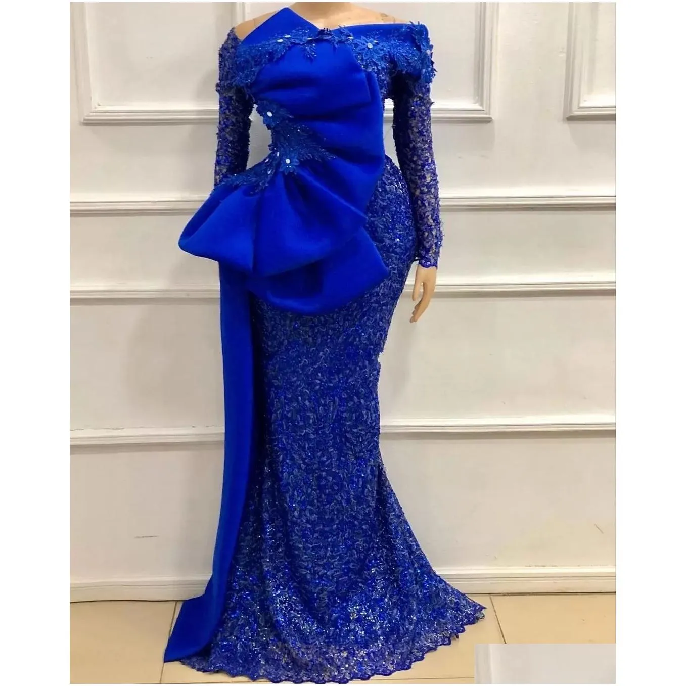 Gold African Mermaid Evening Dresses Glittering Sequined Long Sleeves Big Bow Satin Peplum Prom Party Gowns Plus Size Arabic Aso Ebi Women Vestidos De Festa