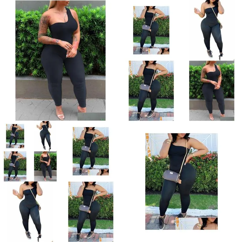 lw Plus Size One Shoulder Sleevel Skinny Stretchy Jumpsuit Women Backl Sexy Summer Black Body Suit Playsuit 231L#