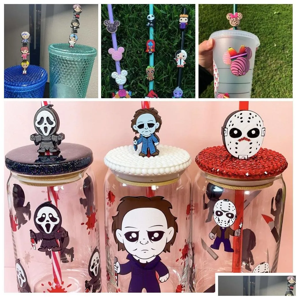 moq 20pcs halloween custom silicone straw toppers cover charms buddies diy decorative 8mm straw party supplies as gift