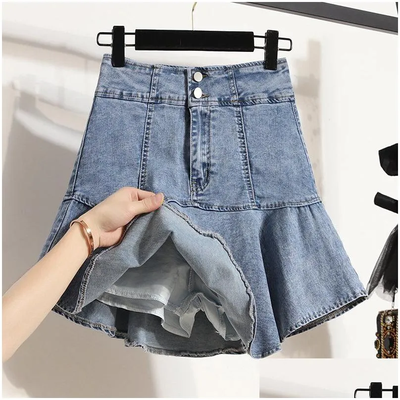 plus Size L-5XL Y2K Denim A Line Skirt For Women High Waist Fi Summer Pleated Jean Skirts Female Vintage Korea Clothing Z5iD#