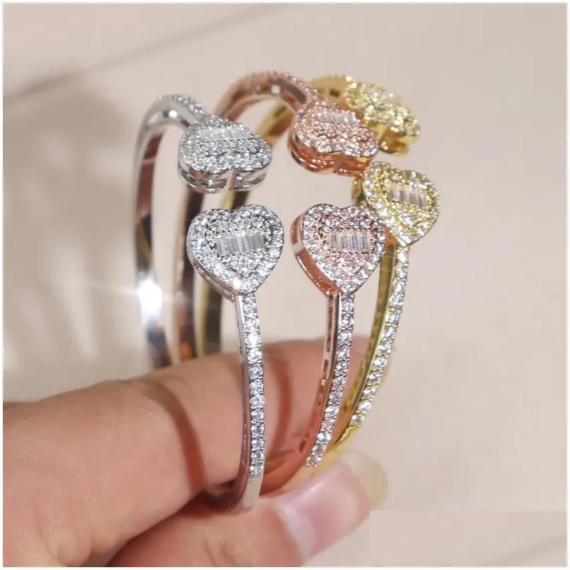 Free Shipping Heart Love Shape Adjustable Bangle Bracelet Women Men Hip Hop Iced Out Bling Cubic Zirconia Couple Jewelry Gift