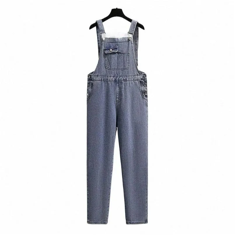 150kg Plus Size Women`s Spring Autumn Denim Overalls Loose One Piece Wide Leg Straight Pants Blue Hip 154cm 5XL 6XL 7XL 8XL 9XL r2s9#