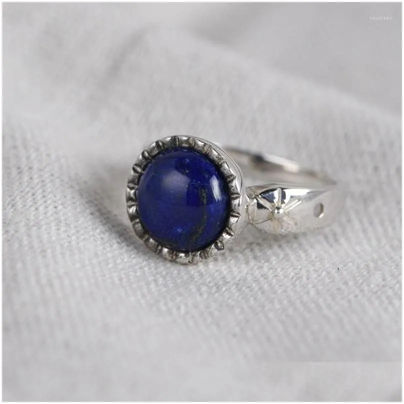 Cluster Rings FNJ 925 Silver Round Lapis Ring For Women Jewelry Original Pure S925 Sterling Natural Blue Stone