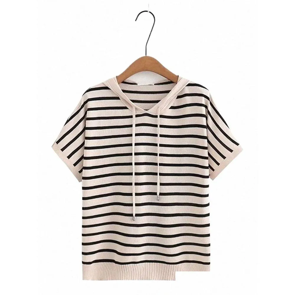 plus Size Women`s Summer T-Shirt Batwing Sleeve Hooded Jersey Stretch T-Shirt Summer Thin Striped T-Shirt For Plump Lady XL-4XL k8Xf#