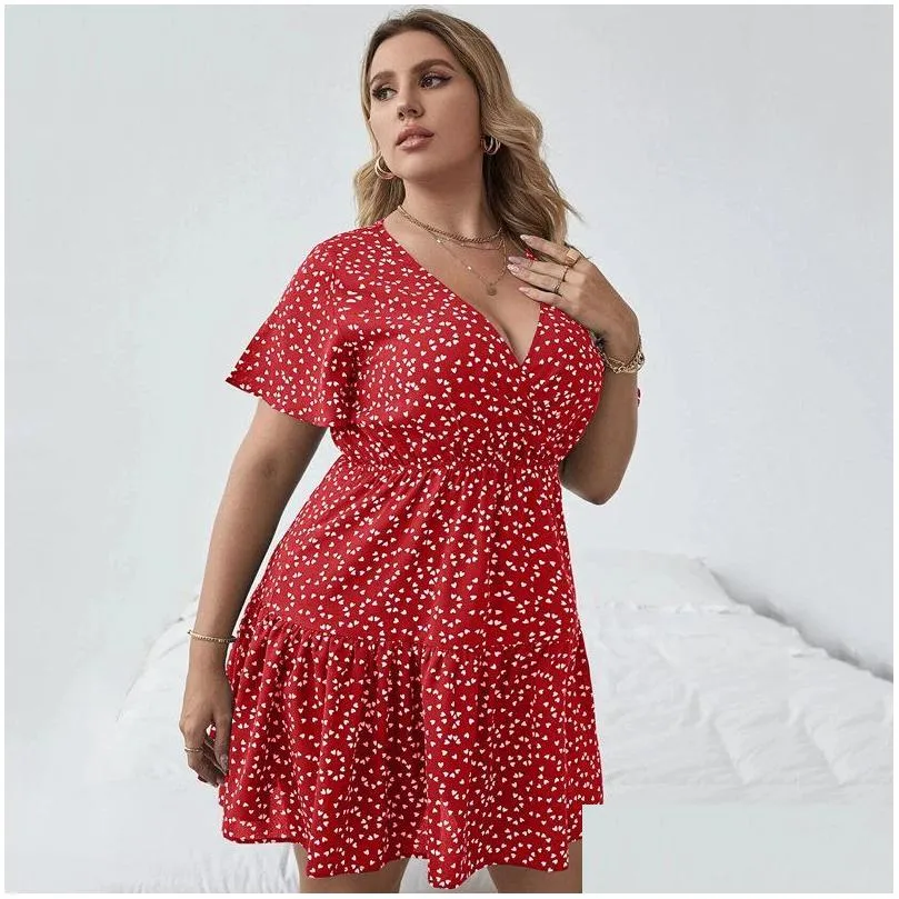 plus Size Floral Print Summer Casual Tiered Dr Women Short Sleeve Heart Pattern Boho Dr Large Size Fit Flare A-line Dr H85x#