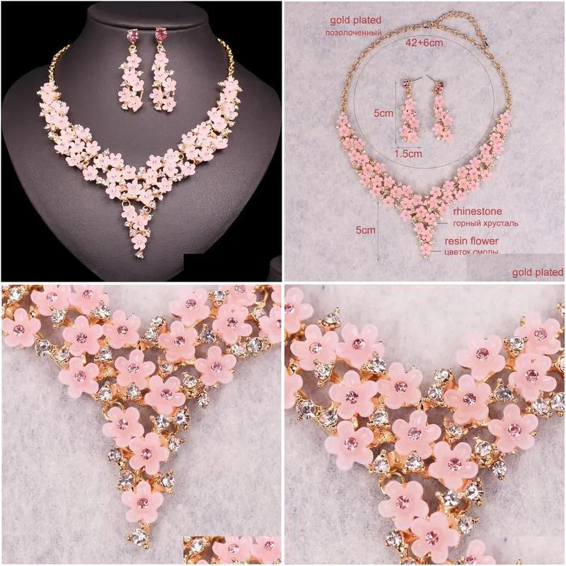Earrings & Necklace Cute Pink Resin Flower Boho Sets Fashion Rhinestone Bohemia Style Bridal Wedding Jewelry Set Gifts For Women