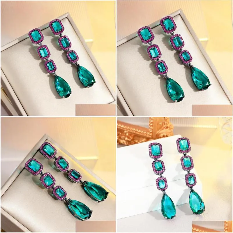 Dangle Earrings CWWZircons Elegant Water Drop Green Crystal And Rose Red Cubic Zircon Long Party Engagement For Women CZ485