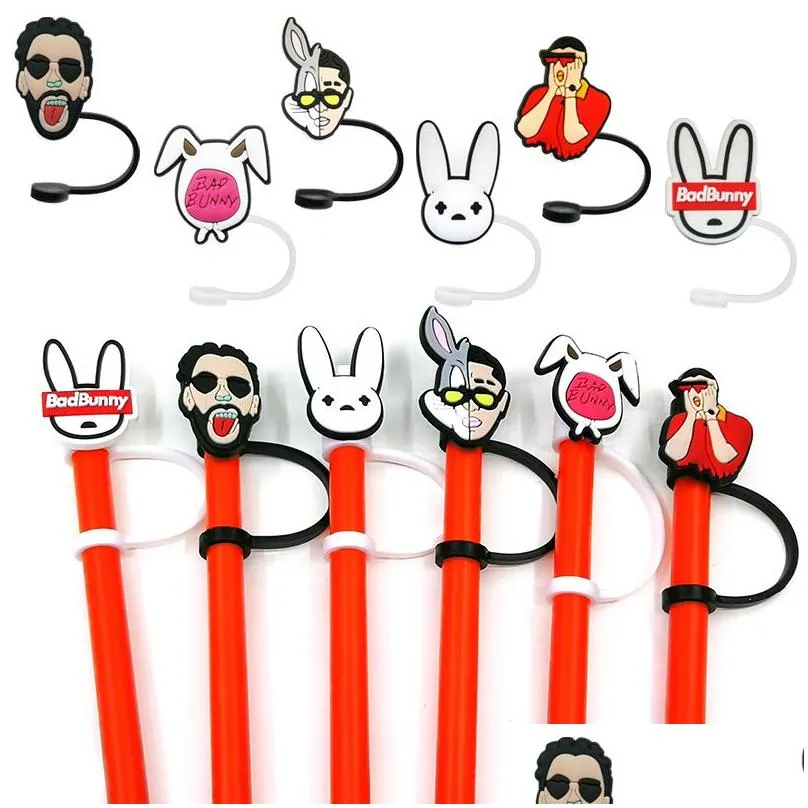 10pcs/set bad bunny straw toppers cover molds silicone charms for tumbers reusable splash proof drinking dust plug decorative 8mm straw