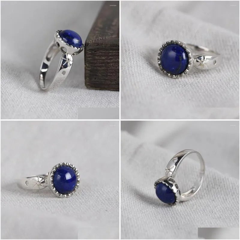Cluster Rings FNJ 925 Silver Round Lapis Ring For Women Jewelry Original Pure S925 Sterling Natural Blue Stone