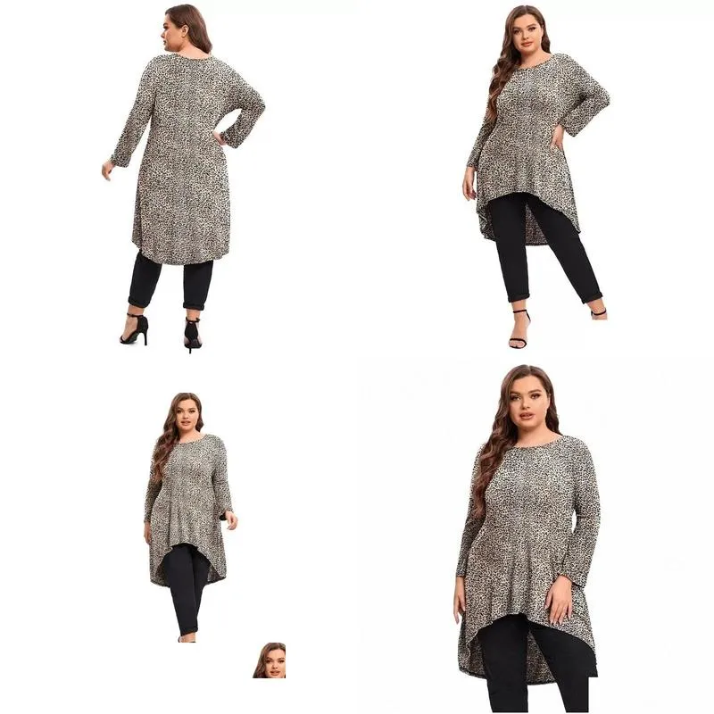 plus Size Lg Sleeve Leopard Print Casual Hi Low Tunic Women Lg Fit Flare Loose Swing Blouse And Tops Large Size T Shirt 5XL V2Am#