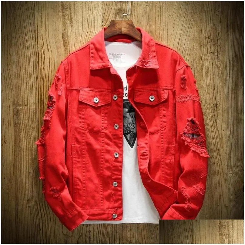 Men`S Jackets Autumn Mens Jean Jacket Slim Hole Coats Men Outwear Fit Cotton Denim Red White Black Ripped Youth 5Xl Drop Delivery Appa Dhze3