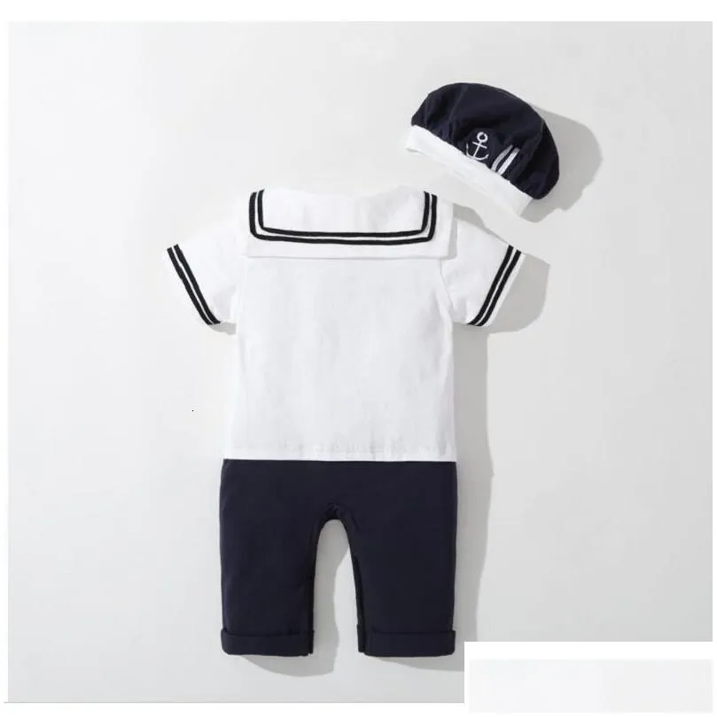 rompers baby navy romper summer born kids boys girls sailor jumpsuit hat 2pcs body short sleeve anchor printed suit 230812