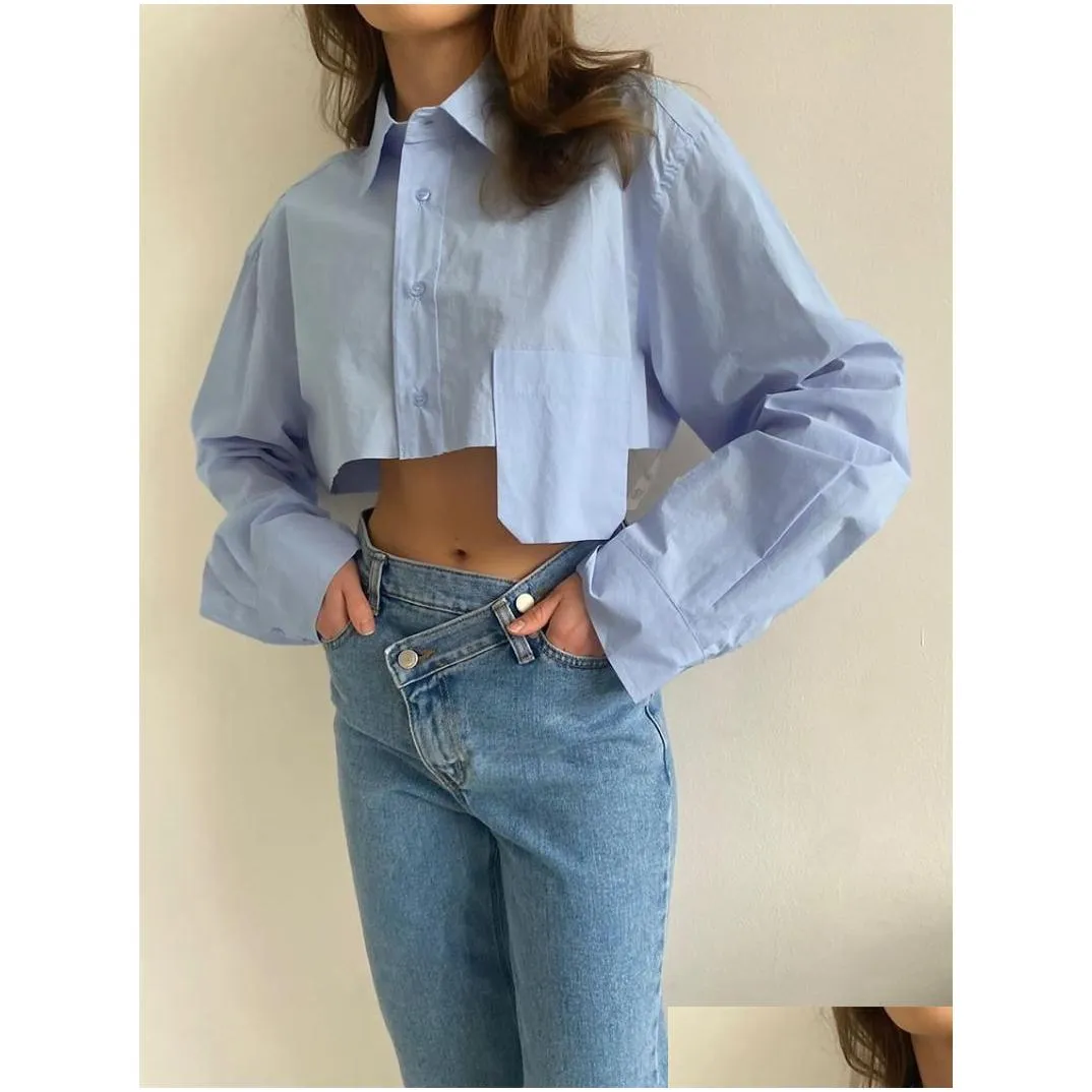 Women`S Blouses & Shirts Womens Y2K Clothes Solid Shirt Single Breasted Lapels Irregar Hem Cropped Tops And Pretty Drop Delivery Appa Dh2Uw