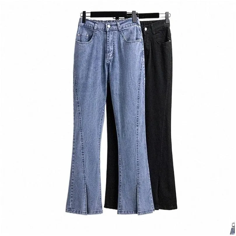 155kg Plus Size Women`s Trousers High Waist Casual Loose Slit Flared Jeans Black Blue Hip 150 5XL 6XL 7XL 8XL 9XL T6zS#