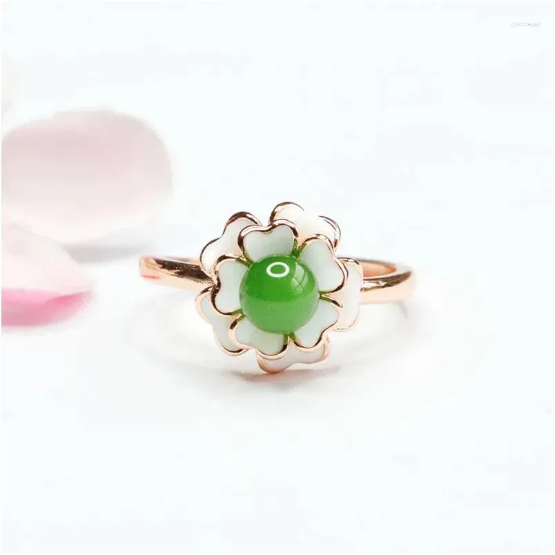 Cluster Rings Natural Green Hand Carved Water Drop Jade Ring Fashion Boutique Women`s Flower With Adjustable Opening