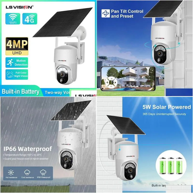 Ip Cameras Ls Vision 2K Solar Wireless Security Camera Outdoor 4Mp Sim Wi Fi 4G Cam 360 Ptz 230414 Drop Delivery Dhzbj